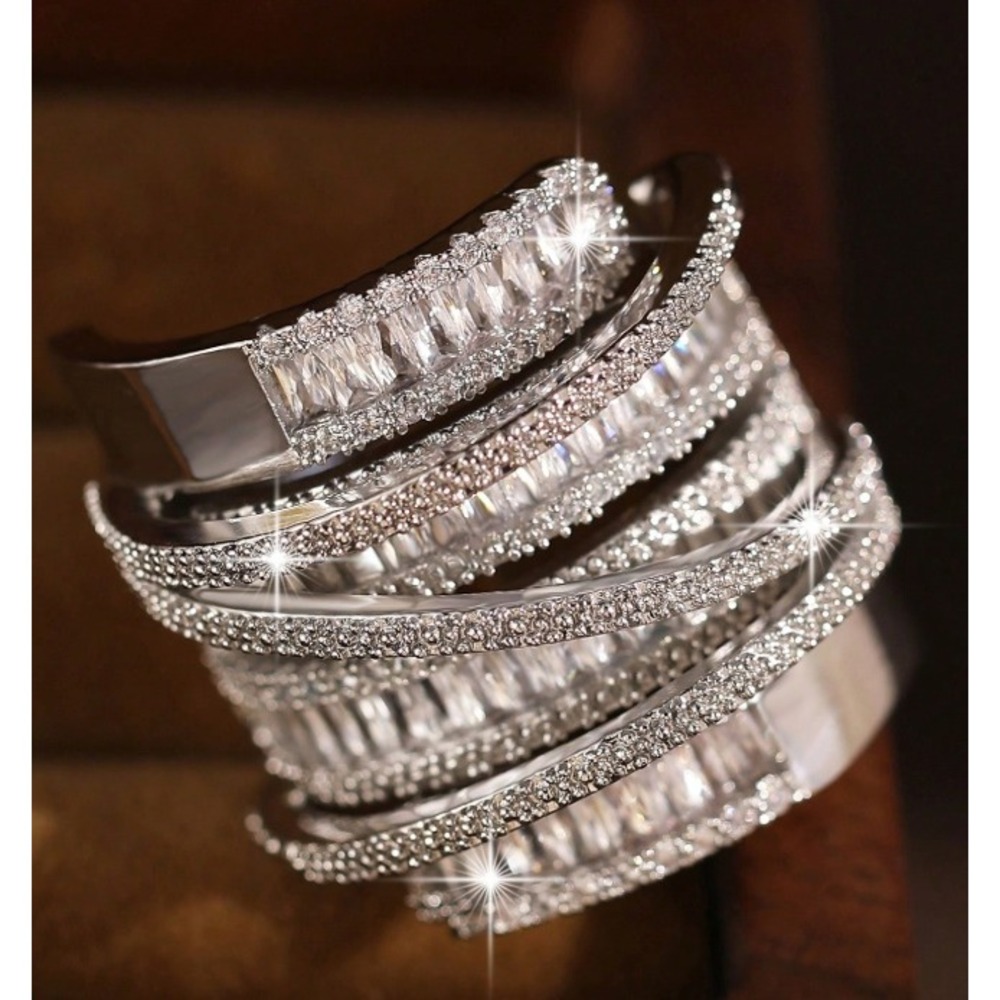 Silver Tone Multi Layer Stacked Band Ring Cubic Zirconia Baguette One Size